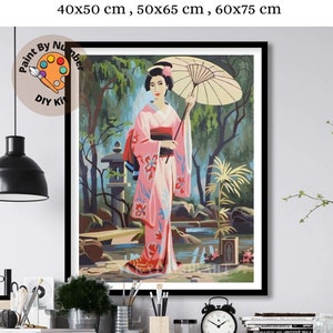 Geisha PAINT by NUMBER Kit Adult , Girl Scrolling With Umbrella, Japanese Garden Landscape , Easy DIY Beginners  Painting Kit , Mom Gift