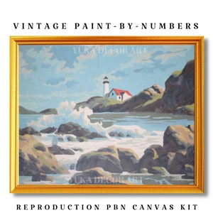 Vintage Style Paint by Numbers Kit for Adults Beginner, Lighthouse On Rocky Seashore , Canvas Painting Kit - Rustic Decor DIY Art Kit