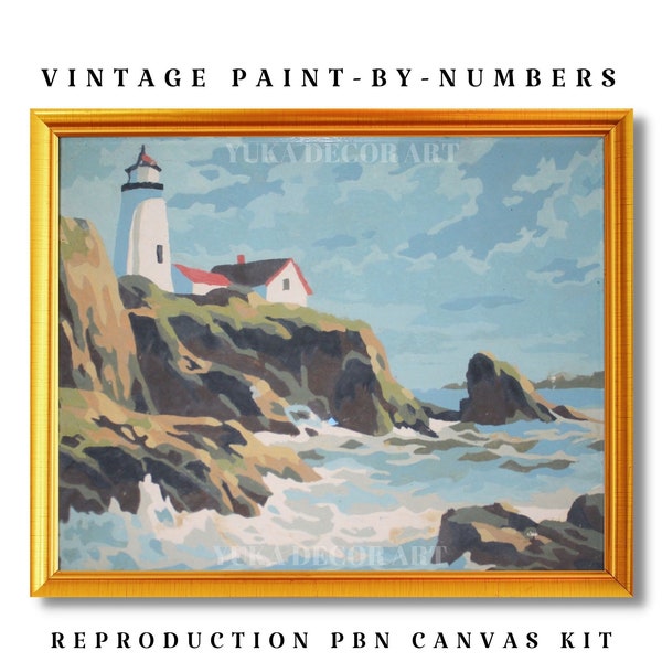 Vintage-Stil Malen nach Zahlen Kit für Erwachsene Anfänger, Leuchtturm am Meer, Leinwand Ölgemälde Kit - Rustikales Dekor DIY Art Kit