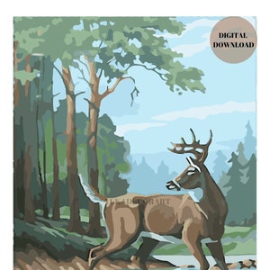 DOWNLOAD DIGITAL PBN Forest Deer Antler Mountain Vintage Style Art - (nenhum item físico enviado) - Conjunto de impressão e pintura