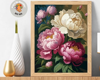 Puede incluir: Kit de pintura por números con un ramo de flores de peonías blancas y rosas. La imagen está enmarcada en un marco de madera. El texto "Paint By Number DIY Kit" es visible en la esquina superior izquierda de la imagen.