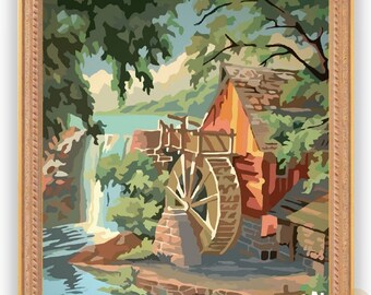 Peut inclure: Un kit de bricolage de peinture par numéros encadré représentant un paysage avec un moulin à eau, une cascade et un pont. L'œuvre utilise des nuances de vert, de bleu et de marron. Le texte "Paint By Number" et "DIY Kit" est visible.