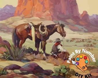 Vintage Style PAINT by NUMBERS Kit Adult Cowboy Ranch Scene Art  Easy Beginner Acrylic Painting DIY Hobby Home Cabin Decor Gift For Granddad