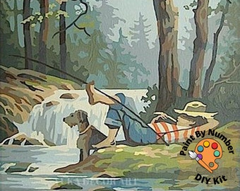Pintura por números vintage para adultos, niño pescando en un arroyo, kit de pintura acrílica fácil para principiantes, regalo de decoración vintage