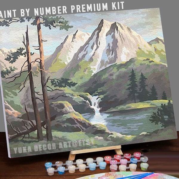 Mountain PAINT by NUMBER DIY Kit for Adult, Waterfall River Vintage Style Art , Easy Beginner Acrylic Painting ,Rustic Decor Gift