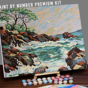 Vintage PAINT by NUMBER Kit for Adult , Easy Seascape Waves Painting , Beginners Acrylic Painting ,Vintage Decor Gift