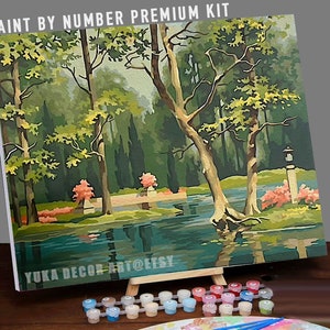 Vintage stijl VERF op NUMMER Kit volwassene, Forest Valley Lake, nevelroze bloemen, gemakkelijke beginner acrylschilderij DIY kit, vintage decor cadeau