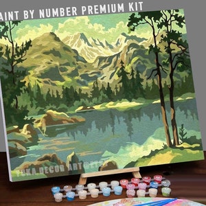 Mountain Lake Vintage Style PAINT by NUMBER Kit Adult, Valley In Forest Scenery , Easy Beginner Acrylic Painting DIY Kit,Rustic Decor Gift