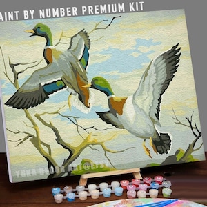 Vintage Style Flying Ducks PAINT by NUMBER DIY Kit Adult , Mallard Birds In Lake  , Easy Beginner Acrylic Painting,Home Decor Gift