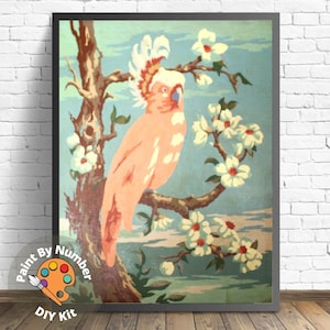 Pink Cockatoo Bird Vintage PAINT by NUMBER Kit | Adult DIY Painting Kit ,Bird On Tree, Easy Beginner Oil Painting,Vintage Home Decor Gift