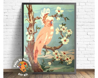 Kit de pintura por números de pájaro cacatúa rosa vintage para adultos, kit de bricolaje para adultos, pájaro en un árbol, pintura al óleo fácil para principiantes, regalo de decoración vintage para el hogar.