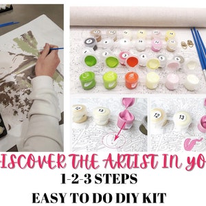 Peut inclure: Un kit de peinture par num&eacute;ros avec des pots de peinture num&eacute;rot&eacute;s, des pinceaux et une toile. L'image montre le processus de peinture, avec le texte "DISCOVER THE ARTIST IN YOU" et "EASY TO DO DIY KIT".