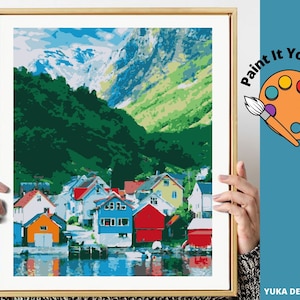 Berg PAINT by NUMBER Kit für Erwachsene, idyllisches Bergdorf, Strand Easy DIY Anfänger Acrylfarben Kit, Schlafzimmer Wand Kunst Dekor Geschenk