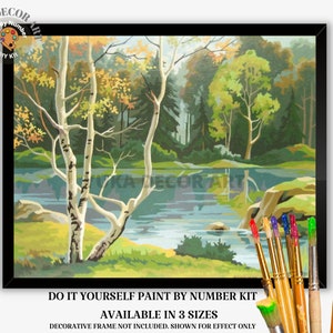 Kit de pintura de paisagem florestal por NÚMERO para adultos, pintura de lago azul, kit de pintura fácil para iniciantes, decoração de cabine, arte vintage, presente para mãe, pai, avô