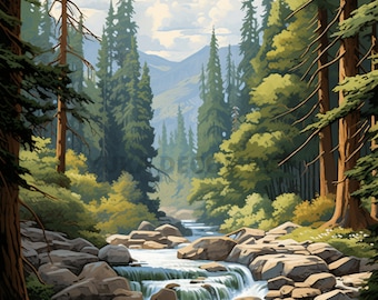 Kit de pintura por números estilo vintage para adultos. Paisaje de arroyo, río, montaña y parque nacional. Fácil para principiantes. Kit de pintura acrílica DIY. Decoración para el hogar. Regalo.