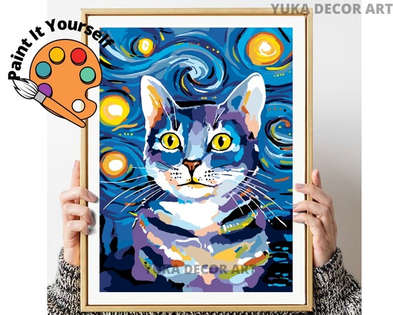 PAINT by NUMBER Kit Kids,starry Night Van Gogh Cat Gazing , Easy