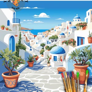 Santorini Travel PAINT by NUMBER Kit di pittura murale per adulti, Grecia Kit di pittura acrilica facile, arredamento per la casa da viaggio, regalo per mamma e fidanzata,