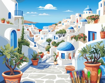 サントリーニ島の数字で描くペイントキット：ギリシャ旅行アート、DIY
