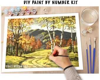 Autumn Trees PAINT by NUMBER Kit for Adult , DIY Nature Vintage Style Art , Easy Beginner Acrylic Painting Kit,Vintage Decor Gift