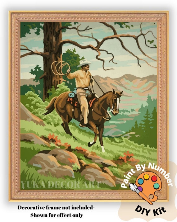 Vintage Style PAINT by NUMBER Kit Adult Cowboy Mountain Scene Art Easy  Beginner Acrylic Painting DIY Kit Cabin Home Decor Gift Dad Grandad 