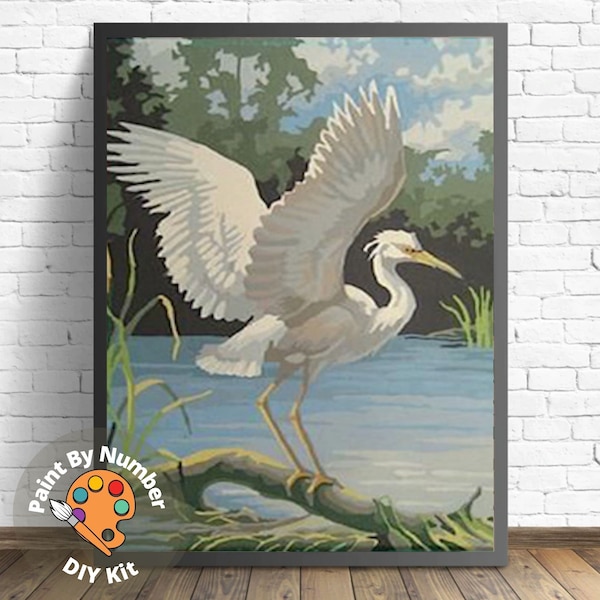 White Egret Bird Vintage PAINT by NUMBER Kit Adult , DIY Vintage 1960s Style Paint Kit ,  Beginner Acrylic Canvas Painting Kit