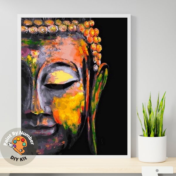 Art coloré bouddha PEINTURE by NUMBERS kit de bricolage adultes, décoration murale asiatique, kit de peinture acrylique facile pour débutant, cadeau d'art mural décoration d'intérieur