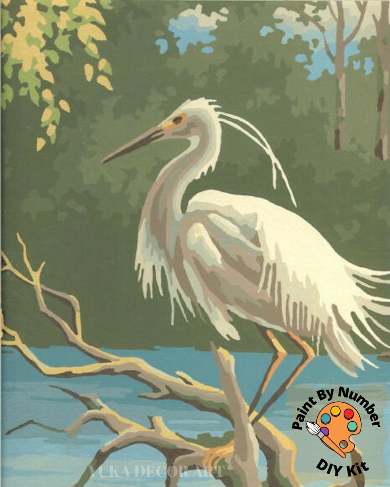 White Egret Bird Vintage PAINT by NUMBER Kit Adult DIY Painting