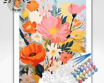 Könnte beinhalten: DIY-Malen-nach-Zahlen-Set mit einem bunten Blumenstrauß mit rosa, orange, gelben und weißen Blumen. Das Set enthält nummerierte Farben und Pinsel.