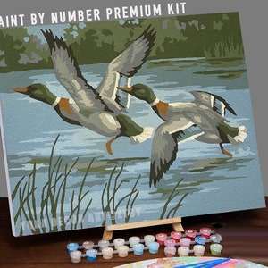 Flying Ducks PAINT by NUMBER DIY Kit Adult Vintage Style  , Mallard Birds In Lake  , Easy Beginner Acrylic Painting,Home Decor Gift