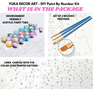 Peut inclure: Kit de peinture par num&eacute;ros avec le texte &laquo;&nbsp;WHAT IS IN THE PACKAGE&nbsp;&raquo;. Il comprend des pots de peinture acrylique, un ensemble de trois pinceaux et une toile de lin avec un motif imprim&eacute; en code couleur.