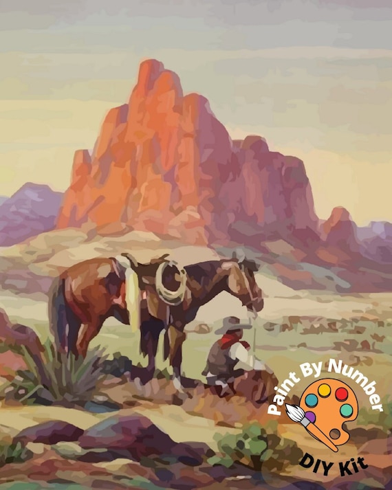 Vintage PAINT by NUMBER Kit Adult, Cowboy Desert Art , Easy