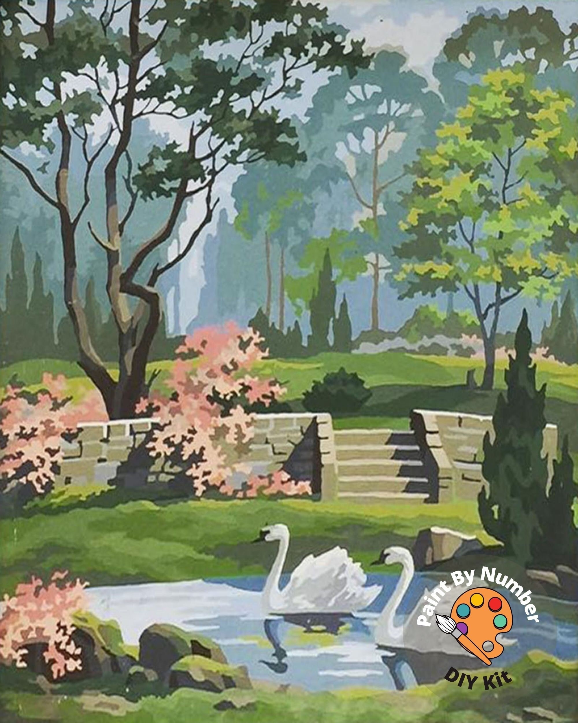 Vintage Style PAINT by NUMBER Kit Adult, Swans in Lake, Mist Pink
