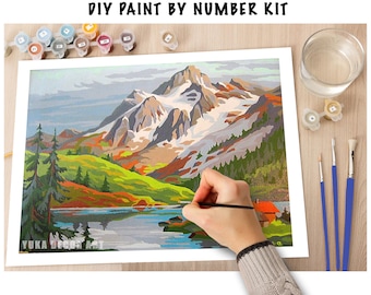 Mountain PAINT by NUMBER Kit for Adult & Kids, DIY Nature Vintage