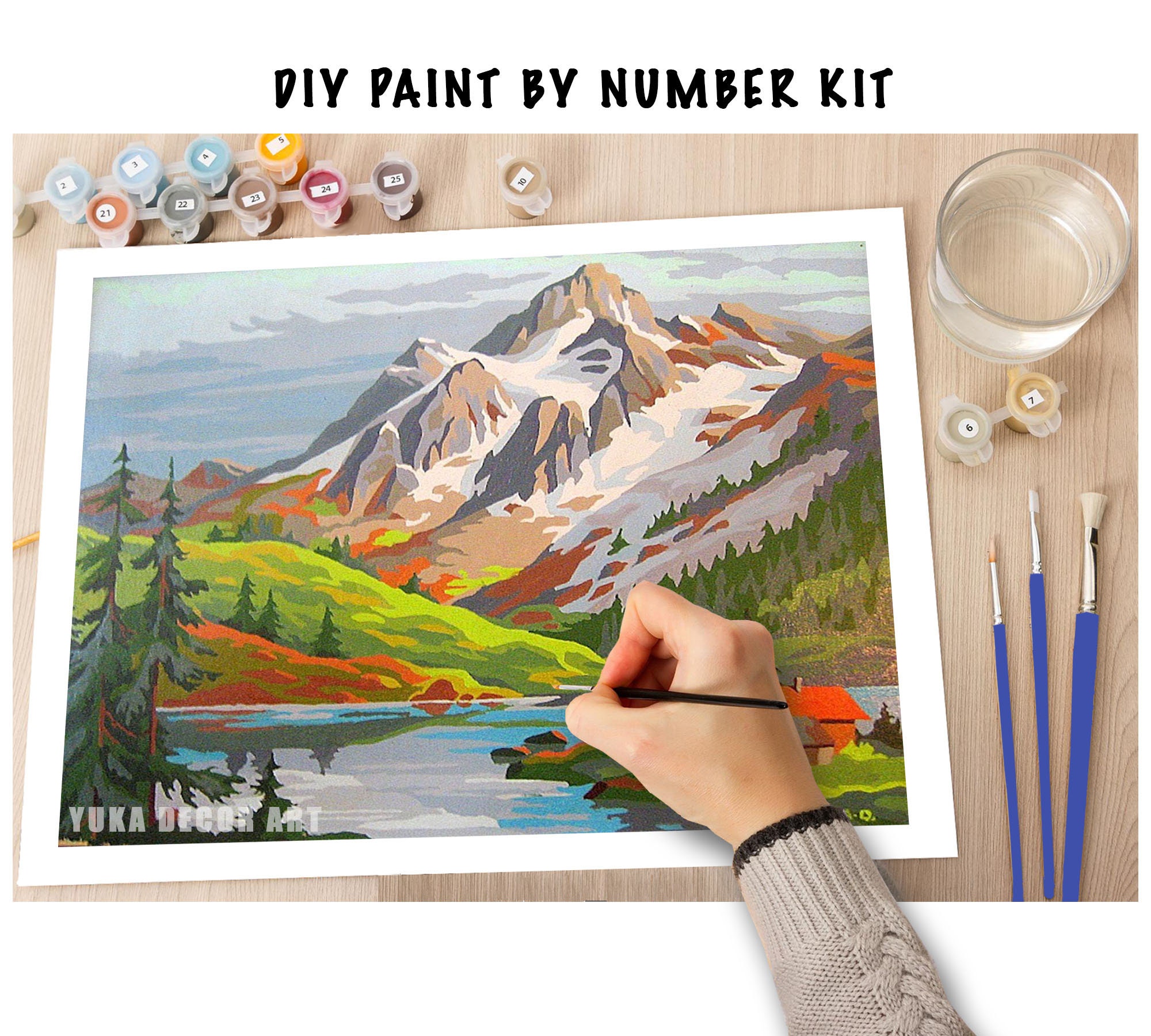 Mountain PAINT by NUMBER Kit for Adult & Kids, DIY Nature Vintage Style Art  , Easy Beginner Acrylic Painting Kit,home Decor Gift 