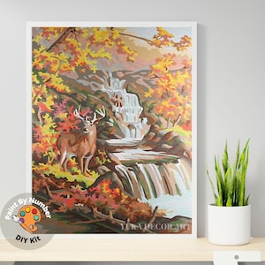 Waterfall PAINT by NUMBER Kit Adult,Mountain Antler,Vintage Style  Forest Landscape  , Easy Beginner Acrylic Painting DIY Kit, Decor Gift