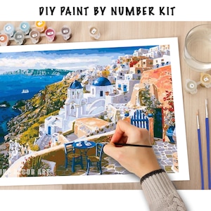Santorini PAINT by NUMBER Kit for Adults  Beginner, DIY Art Kit, Greece Holiday , Acrylic Painting Kit , Wall Art Decor