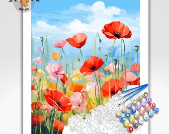 Poppy Flowers PAINT by NUMBER Kit for Adults Mountain Landscape Painting Easy Beginners Paint DIY Kit Wall Art Birthday Gift Mom Girlfriend
