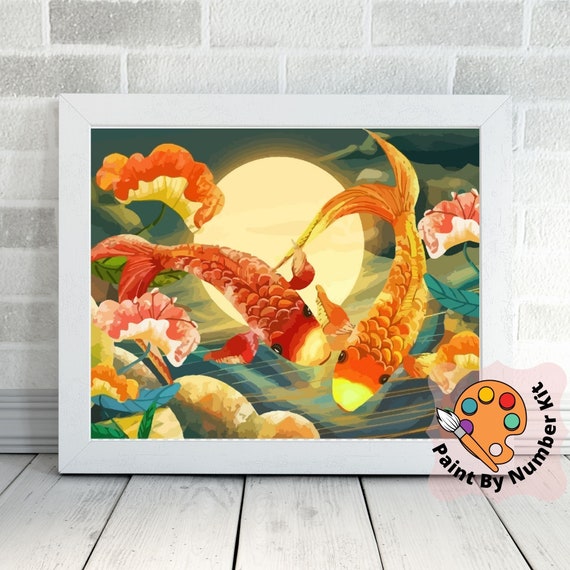 Koi Fish Golden Pigment Paint by Numbers Painting KIT Adults DIY