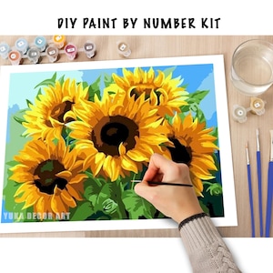 Sonnenblumen PAINT by NUMBER Kit für Erwachsene, Gartenblumen, Easy DIY Anfänger Acrylmalerei Leinwand, Hobbyaktivitätskit