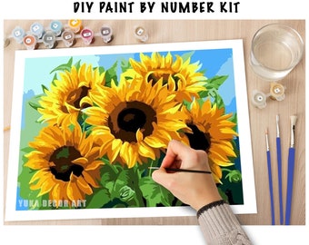 Kit de pintura por números de girasoles para adultos, flores de jardín, lienzo de pintura acrílica fácil de hacer para principiantes, kit de actividades de pasatiempo