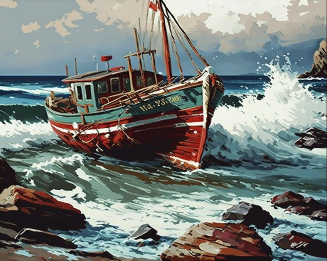 Vintage Style PAINT by NUMBER Kit for Adult , Rocky Seashore Boat With ...