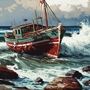 Pode incluir: Um barco de pesca vermelho e verde com listras brancas está preso em uma grande onda. O barco está parcialmente submerso na água e está rodeado de rochas. O texto "Ma. 95.240" é visível no lado do barco.