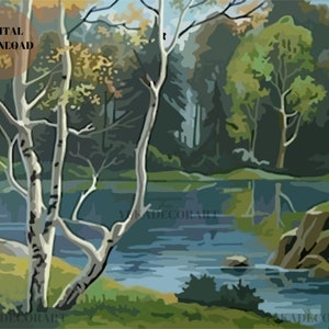 May include: A painting of a forest scene with a river running through it. The river is a light blue color and there are trees on both sides of the river. The trees are a variety of greens and browns. There is a white birch tree in the foreground.
