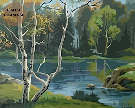 Blue Stream Forest - DIY Nature Vintage Style Art PAINT by NUMBER  Digital Download Kit (  No Physical Item shipped ) - Print And Paint Set