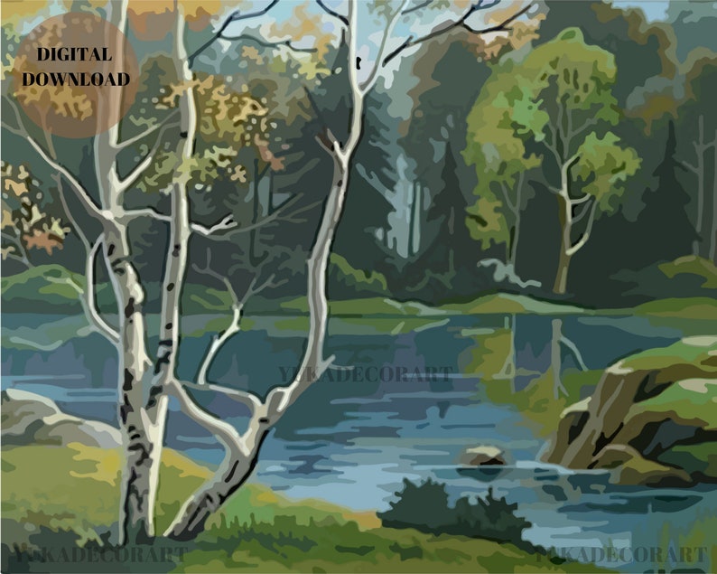 May include: A painting of a forest scene with a river running through it. The river is a light blue color and there are trees on both sides of the river. The trees are a variety of greens and browns. There is a white birch tree in the foreground.