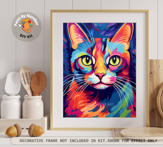 Kit De Pintura Por Números Para Adultos Y Niños, Gato De Colores En Lienzo De 20x30 Cm, Con Marco, Caballete Y Pinceles, Pigmento Acrílico De Calidad