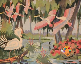 Flying Flamingoes Vintage Style PAINT by NUMBER Kit  Adult , Flower Lake DIY Paint Kit  , Easy  Acrylic Painting,Mid Century Decor Gift