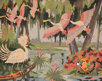 Flying Flamingoes Vintage Style PAINT by NUMBER Kit  Adult , Flower Lake DIY Paint Kit  , Easy  Acrylic Painting,Mid Century Decor Gift