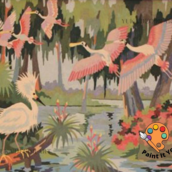 Flying Flamingoes Vintage Style PAINT by NUMBER Kit  Adult , Flower Lake DIY Paint Kit  , Easy  Acrylic Painting,Mid Century Decor Gift