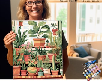 May include: A paint-by-number canvas featuring a colorful illustration of various potted plants. The canvas size is 50 x 65 inches. The image includes text that reads, "Explore your inner artist by painting your own art" and "RELAX WITH OUR PAINT BY NUMBER DIY KITS."